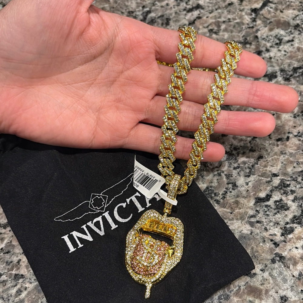 Invicta Elements Money Talks Iced Out Pendant & Chain Necklace, Gold NWT